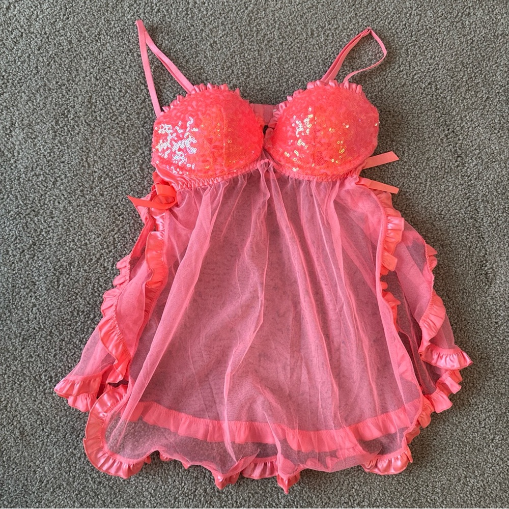 Victoria’s Secret Sexy Babydoll Slip Lingerie Sz 34B Sequin Lace Bow Tulle